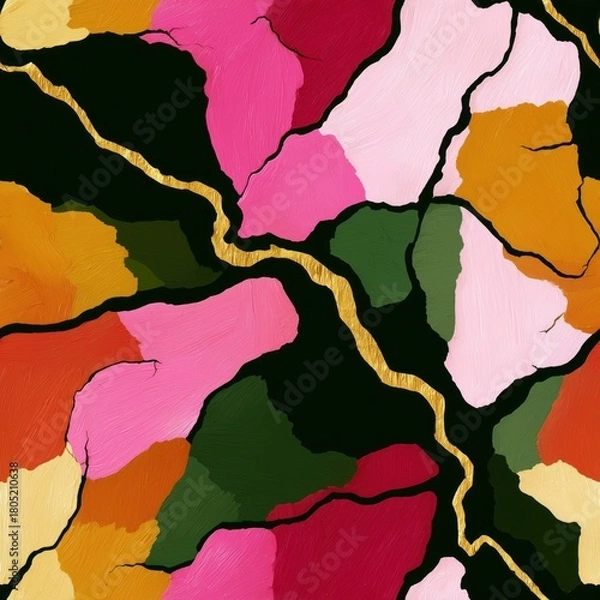 Fototapeta Seamless pattern of abstract shapes with bright colors and golden lines creating bold artistic pattern in vibrant modern design