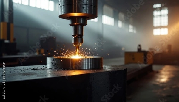 Fototapeta Cordless Power Tools concept. Precision machining in a workshop with sparks flying.