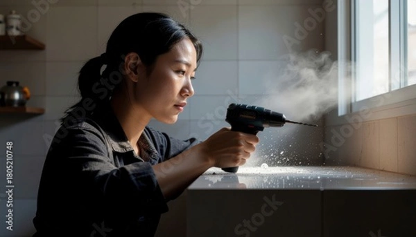 Fototapeta Cordless Power Tools concept. Woman using a power drill in a bright, modern kitchen.