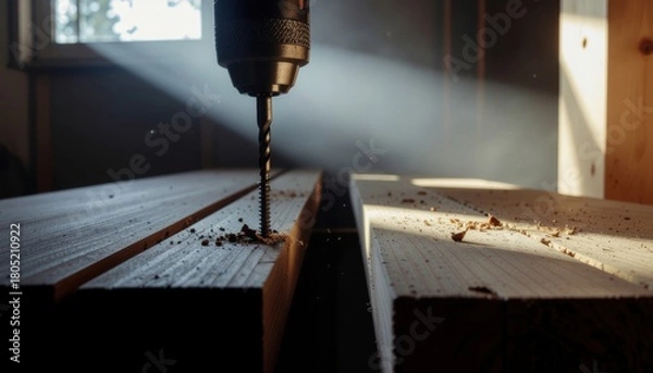 Fototapeta Cordless Power Tools concept. Drill working on wooden planks with light streaming through a window.