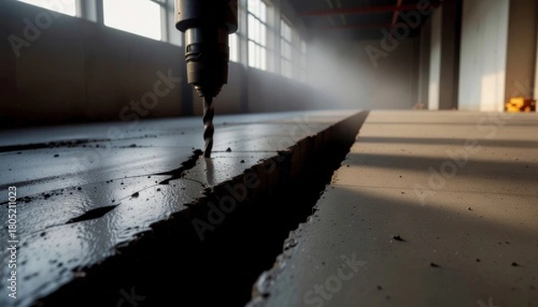 Fototapeta Cordless Power Tools concept. Drilling into concrete in a well-lit construction space.