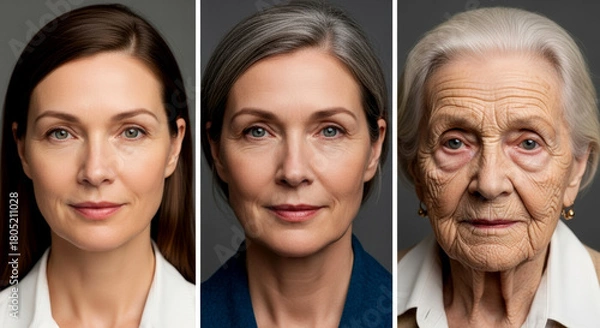 Fototapeta Soft-lit editorial portrait series of woman at three life stages with neutral expressions and aging skin markings on minimalist white background