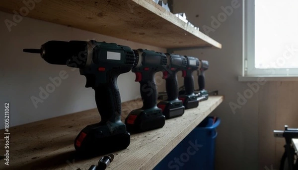 Fototapeta Cordless Power Tools concept. Power tools lined up on a shelf in a workshop setting.