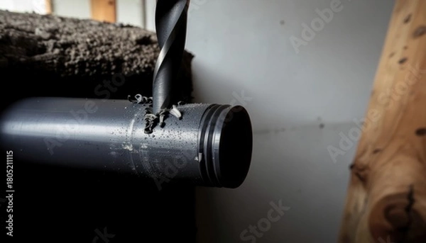 Fototapeta Cordless Power Tools concept. Pipe being drilled with wood in the background.