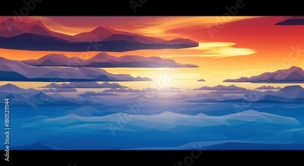 Fototapeta Abstract Low Poly Landscape with a Beautiful Sunset