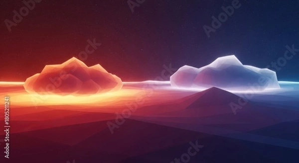Fototapeta Abstract low poly landscape with clouds and glowing elements