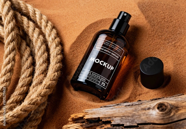 Obraz Amber Glass Perfume Spray Bottle Mockup in Desert Sand with Rope and Driftwood