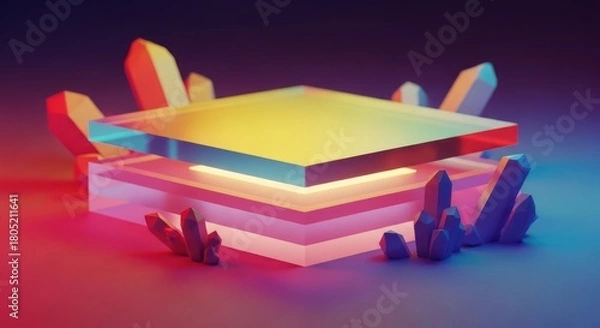 Fototapeta Abstract Platform with Crystals in Neon Lighting Sci Fi