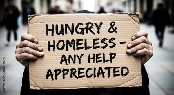 Fototapeta Close-up of a man holding a cardboard sign with a handwritten plea for help. An anonymous person on a blurry city street is in the background.
