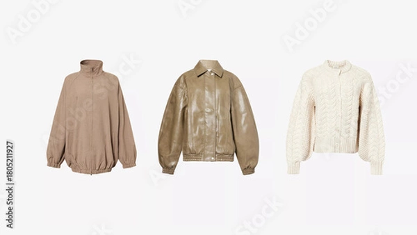 Fototapeta Stylish outerwear options displayed on a simple background featuring unique textures and colors.