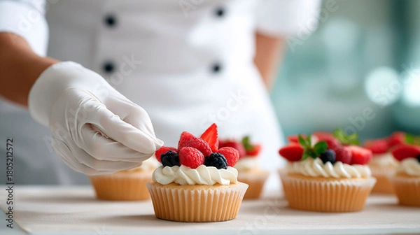 Fototapeta Pastry chef decorating cupcakes with fresh berries and cream while wearing gloves in professional kitchen environment