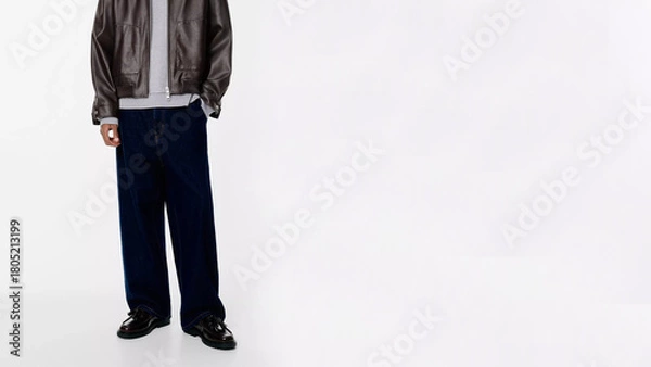 Fototapeta Stylish urban outfit featuring oversized pants and a leather jacket in a minimalist setting.