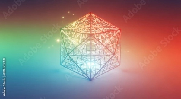 Fototapeta Abstract Wireframe Cube with Vibrant Gradient Background Radiance