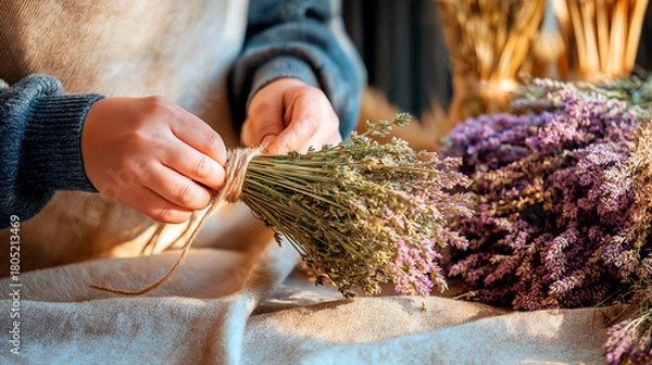Fototapeta Person tying a bundle of dried lavender flowers with twine on rustic table surrounded by bunches of herbs in warm light