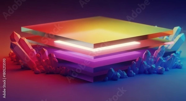 Fototapeta Colorful layers with crystal formations digital art render