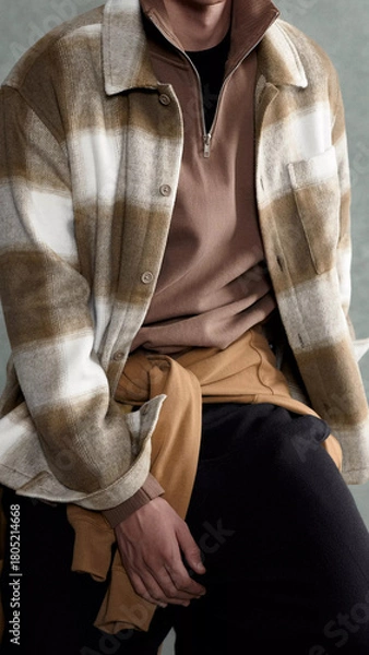 Fototapeta Trendy outfit featuring a plaid shirt and casual layering in a modern indoor setting during a relaxed day.