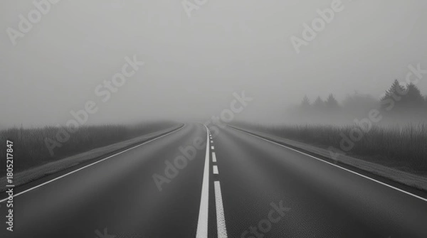 Fototapeta Minimalist Black and White Road in Fog – Fine Art Photograph of Winding Asphalt Road Disappearing into Mist
