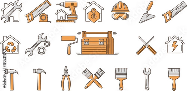 Fototapeta Home repair tools and equipment vector icons set for diy renovation and construction projects design