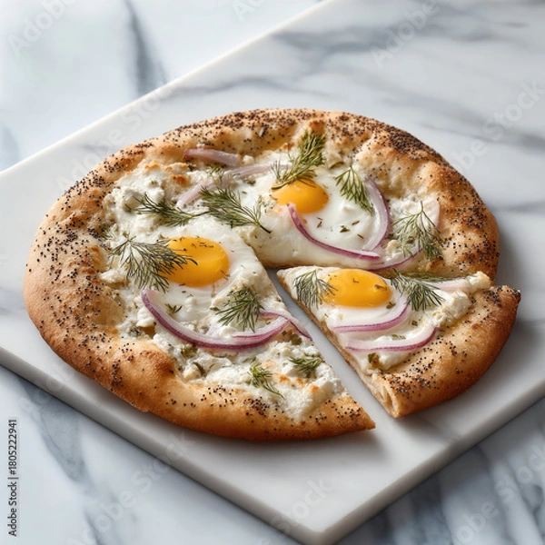 Fototapeta Everything bagel breakfast pizza with egg, red onion, dill, and cream cheese on marble, savory and fresh morning meal