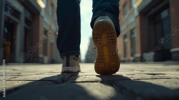 Obraz Upward motion shot taken from ground level, showcasing realistic sole patterns, natural movement, dynamic depth, and bright outdoor lighting with a softly blurred city backdrop for commercial visuals