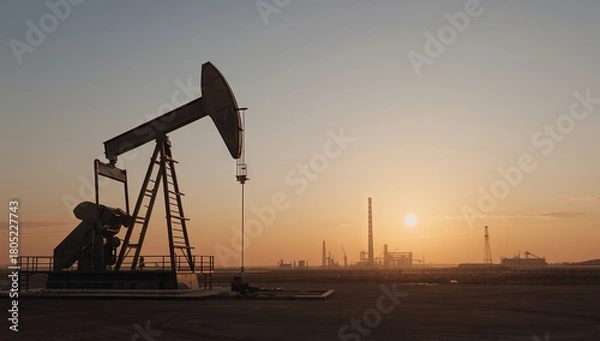 Obraz Industrial scene showing a classic extraction structure on flat terrain, with a refinery complex and tall chimney emitting smoke under clear sky, captured in sharp, clean, photorealistic composition