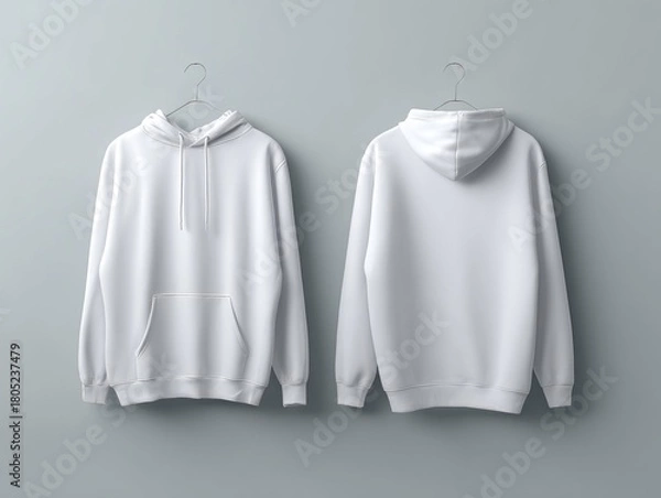 Fototapeta White sweatshirt hoodie displayed front and back on a gray background, suitable for creative prints and casual wear branding with a sleek finish.