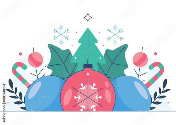 Obraz Celebrate the joy of the season with this festive holiday scene featuring ornaments, snowflakes, and candy canes for a modern Christmas design.