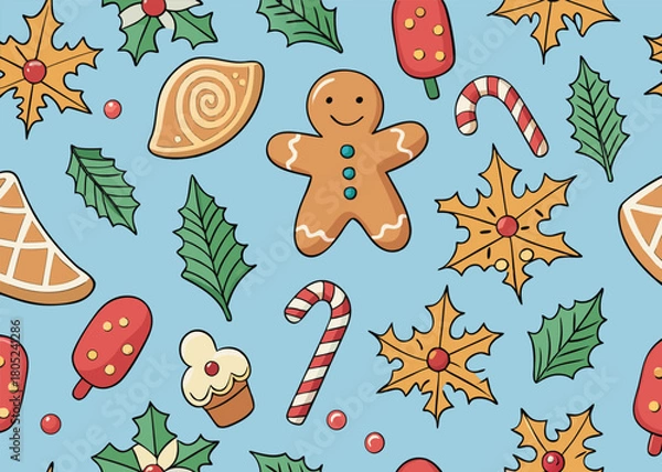 Obraz Festive Christmas Cookie Pattern for Holiday Cheer and Warm Memories, Ideal for Backgrounds, Cards, and Gift Wrap Designs