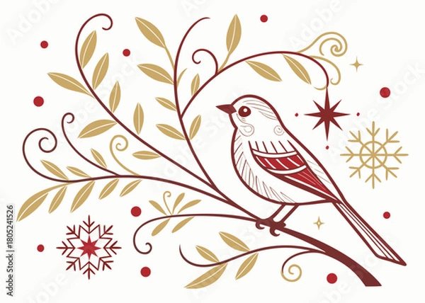 Obraz Festive bird perched on branch with snowflakes and stars for elegant winter holidays greeting cards, seasonal promotions, and charming Christmas designs