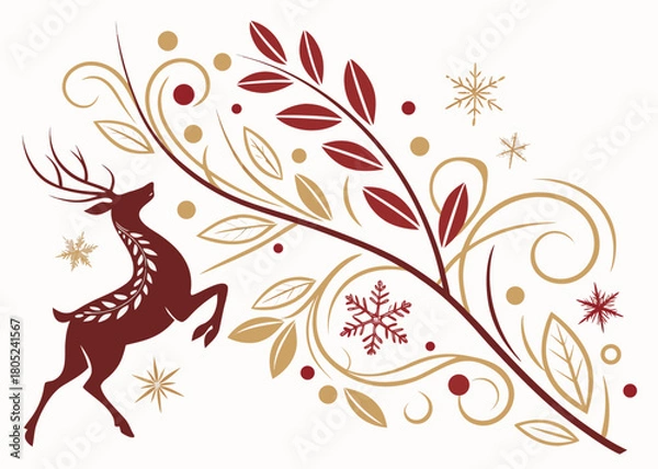 Obraz Festive holiday season with a leaping reindeer among snowflakes and elegant botanical flourishes, perfect for cards, invitations, and seasonal designs