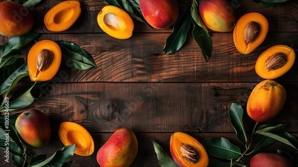 Fototapeta Top-view frame of whole and sliced ripe mangoes with green leaves on a rustic wooden table, highlighting tropical freshness and natural food appeal.
