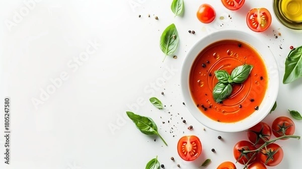 Fototapeta Smooth tomato basil soup in a white bowl, surrounded by cherry tomatoes, herbs, oil, and seasonings for a fresh culinary look.