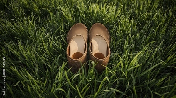 Obraz Modern minimalist barefoot shoes displayed on vibrant green ground in soft natural light, featuring photorealistic textures, organic aesthetic, premium advertising style, detailed stitching