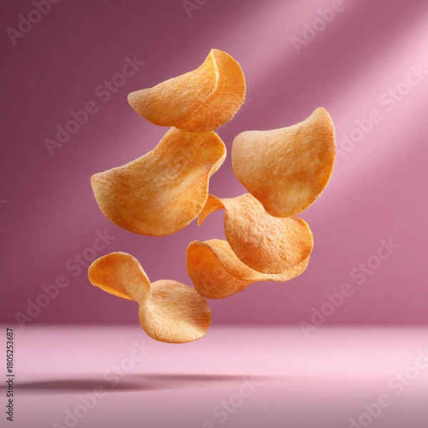 Fototapeta Floating potato chips over pink background, crispy texture, golden color, snack food, minimal style, appetizing and playful mood