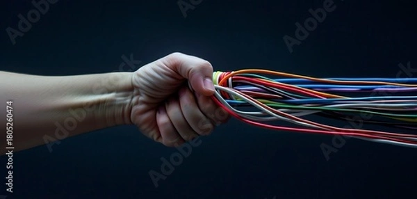 Obraz A human hand tightly gripping a bunch of multicolored electric wires on a dark background, symbolizing technology control, connectivity, and power management.