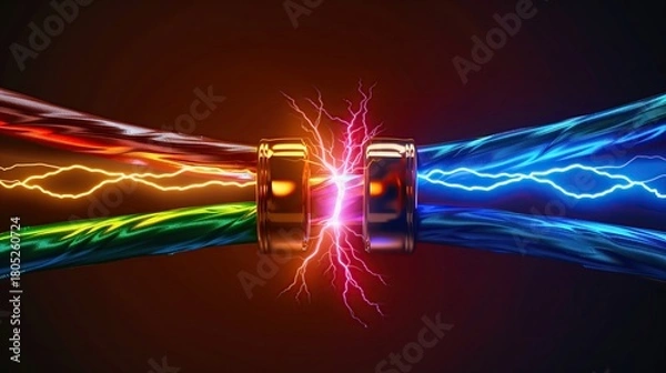 Fototapeta Two glowing network cables facing each other with bright electric sparks between them, representing fast data transmission and powerful digital connection.