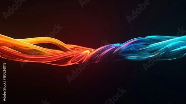 Fototapeta Abstract 3D visualization of intertwined red and blue energy waves merging together, symbolizing power connection, balance, and dynamic motion in a futuristic style.