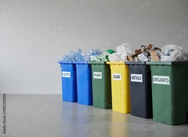 Obraz Organized row of five colorful recycling bins (blue plastics, green paper, yellow glass, black metals, dark green organics) filled with sorted waste against a clean gray studio background.