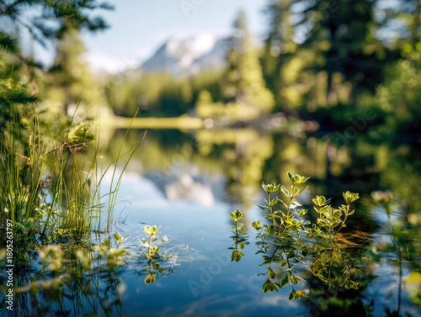 Obraz Serene lake waters reflecting vibrant green plants and forest trees with distant snow-capped mountains under a clear blue sky in a peaceful natural setting