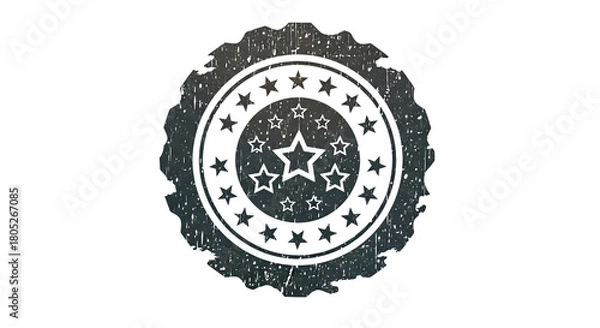 Fototapeta Circular emblem, with distressed texture featuring multiple stars in varying sizes, cutout, PNG isolated on a white or transparent background, AI