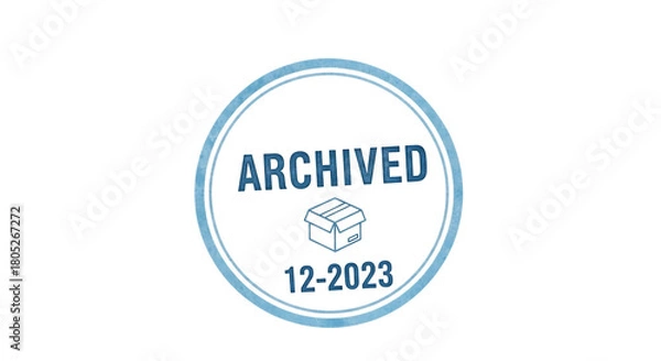 Fototapeta Circular stamp, with the word A R C H I V E D and a cardboard box icon with date 12-2023, cutout, PNG isolated on a white or transparent background, AI