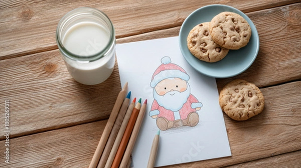 Fototapeta Children's drawing of saint nicholas with milk and cookies on wooden table