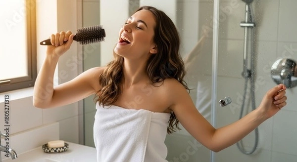 Fototapeta A young woman wrapped in a white towel sings passionately into a hairbrush while standing in a modern bathroom.