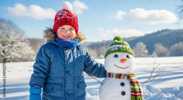 Fototapeta A happy child in a blue jacket and red hat stands next to a smiling snowman on a sunny winter day.