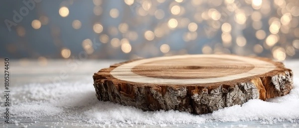 Obraz Rustic Wooden Tree Slice on Snowy Festive Background