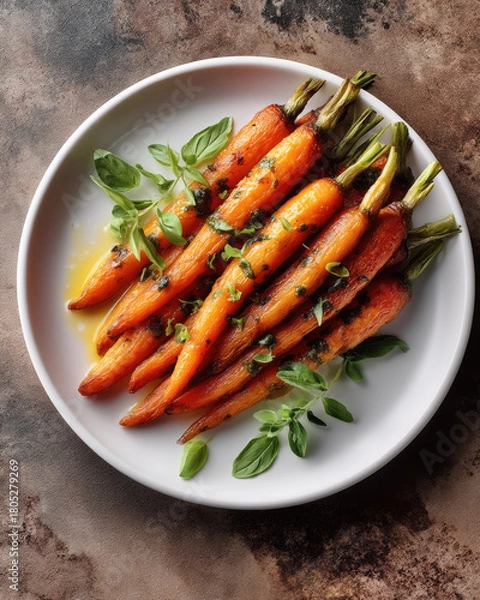 Fototapeta Roasted carrots glazed with mustard and herbs, garnished with fresh basil, served on white plate, rustic background