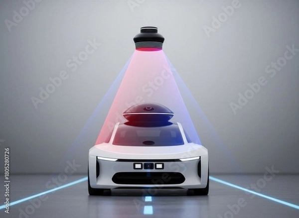 Obraz Futuristic white autonomous car with prominent roof-mounted LIDAR sensor emitting red and blue scanning beams, navigating a digital blue path on a clean grey background.