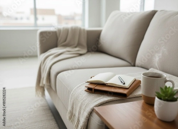 Obraz Open leather notebook with pen, steaming mug, and succulent on wooden side table in a bright, cozy modern living room with a beige sofa.