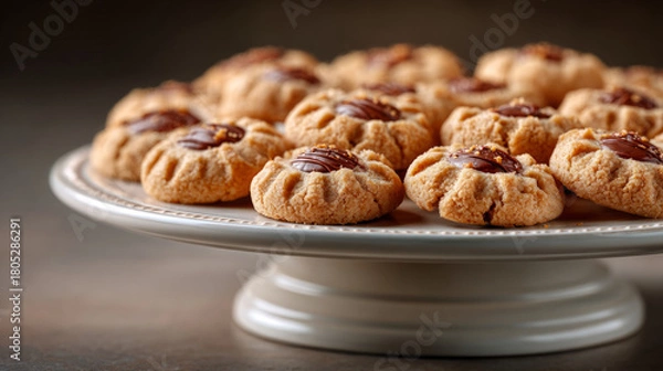 Fototapeta Delicious peanut butter blossom cookies on rotating cake stand for festive dessert presentation