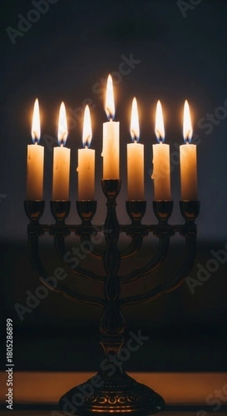 Fototapeta A seven-branched menorah with lit candles glowing warmly against a dark background. The scene evokes a spiritual, peaceful, and traditional mood. Ideal for religious or holiday content.